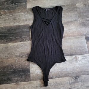 🩵Ribbed Bodysuit With Criss Cross Detail